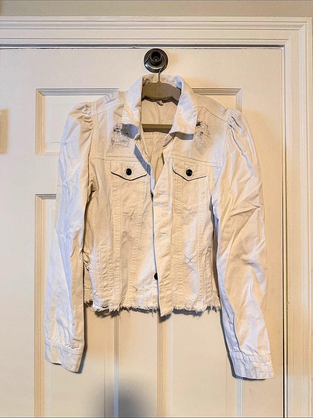 Elan Puff Shoulder Denim Jacket White Cotton Jean Jacket Large